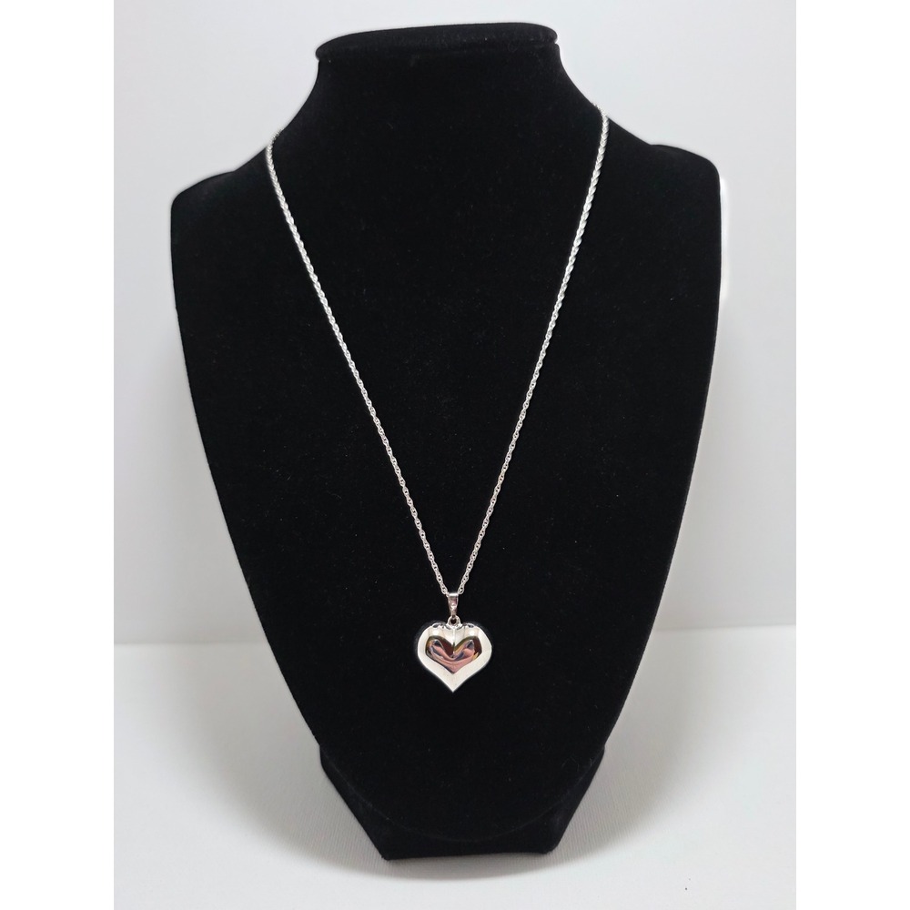 Vintage Sterling Silver Puffed Heart Pendant Necklace 18 Inch Rope Chain 3g